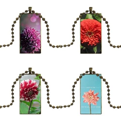 Jewelry With Bronze Plated Glass Cabochon Choker Long Pendant Rectangle Necklace For Kids Beads Romantic Dahlia Flower
