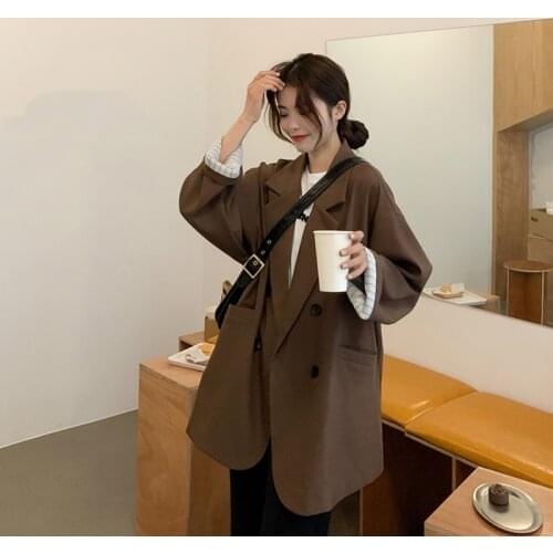 2021 Fashion Korean Solid Black Apricot Blazer Jacket Womens Loose Office Ladies Casual Female Overcoat Suits Outerwear Brown