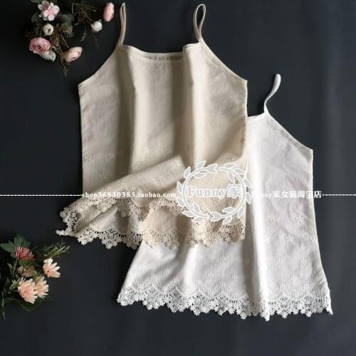 Sweet Mori Girl Style Pure Cotton Embroidery Lace Spaghetti Strap Female Camis White Fairy Tank Tops Women Clothes