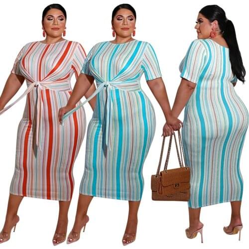 Women Plus Size XL-5XL Striped Print Casual Dress Sashes High Waist O-neck Short Sleeve Midi Bodycon Dress Vestidos