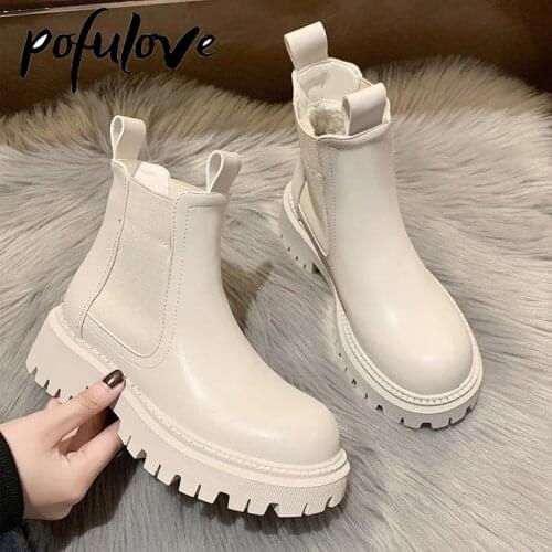 Pofulove Winter Boots PU Leather Shoes for Women Chelsea Ankle Boots Platform Booties Fashion Designer White Boots Goth Zapatos
