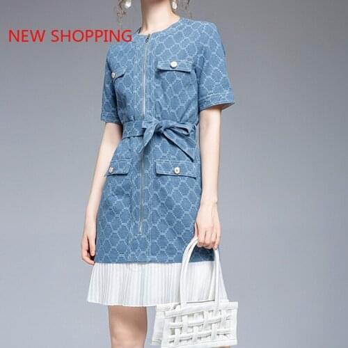 2021 Fashion Denim Dresses Summer Autumn Lace Up A-line Dress Women Party Elegant O Neck Button Lace Patchwork Dress Vestidos