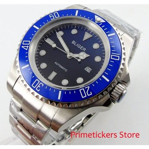 BLIGER 44mm black blue dial luminous blue ceramic bezel date automatic movement mena watch