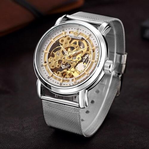 New Men Watches Fashion Skeleton Automatic Mechanical Watch Men Mg.orkina Self Wind Transparent Wrist Watch Silver montre homme