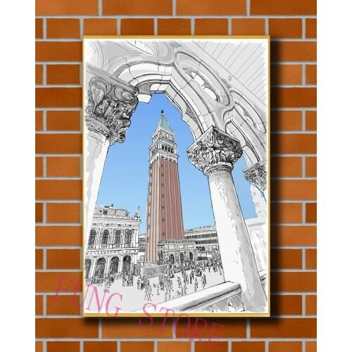 K105 Retro European Buildings Manuscript Picture Custom Silk Poster Home Deco Wall Art Christmas Gift