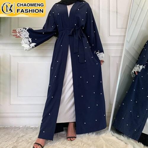 Arabic Dubai Abaya Kimono Hijab Muslim For Women Beading Pearl Lace Robe Marocain Kaftan Turkey Islam Clothing Open Cardigan
