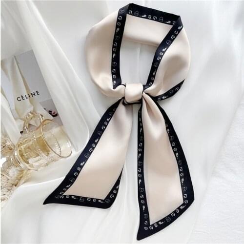 Luna&Dolphin Spring Women Skinny Long Scarf 130x8cm Cream Color French Silk Feeling Chiffon Letter Printed Bag Ribbon Headbands