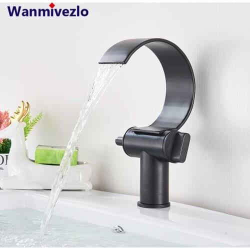 Copper Single Hole Dual Handles Hot and Cold Basin Mixer Faucet Creative Waterfall Water Outlet Bathroom Vessel Sink Mixer Taps