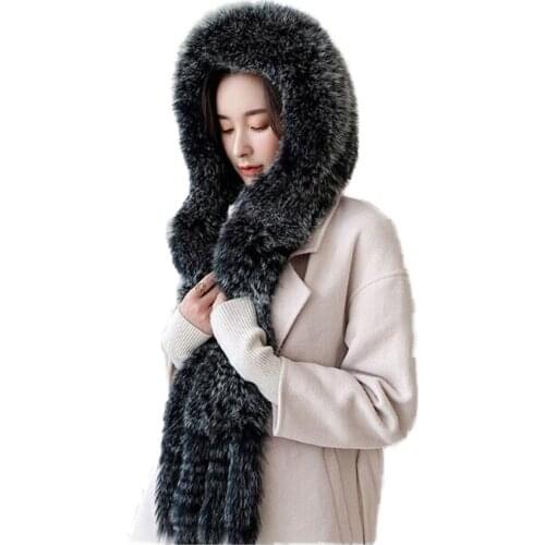 Fur Hats Scarf One Pieces Women Real Fox Fur Cap Winter Warm Neckerchief With Tassel Fluffy Soft 6Colors