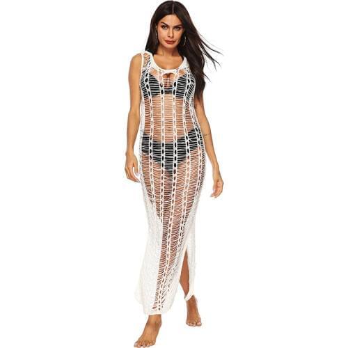 New Sexy Sheer Cover Up Beach Dress Women Hollow Knitting Bathing Suit Bikini Cover Up Dress Swimsuit Mesh Beach Skirt Robe