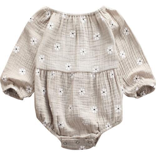 Pudcoco USPS Fast Shipping Baby Girl Clothing Newborn Infant Baby Girls Cotton Linen Long Sleeves Off Shoulder Floral Bodysuit