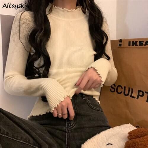 Pullovers Women Ruffled Collar Simple College Elegant All Match Trendy Popular Soft Solid Leisure Korean Style Streetwear Fall