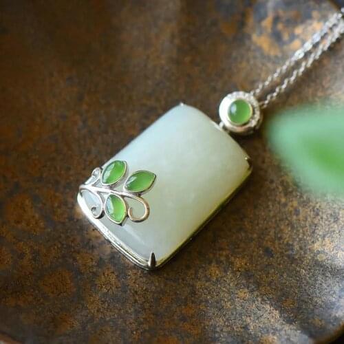 S925 Sterling Silver Jasper Flower Lotus Leaf Natural Hotian Jade Pendant Safety-Blessing Card White Gold Color Pendant to Give