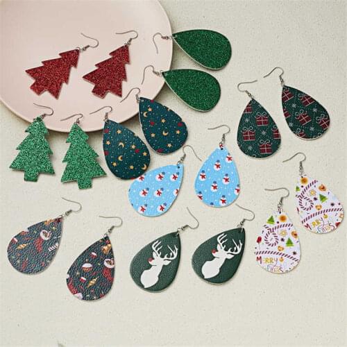 Elk Ear Leather Hook Christmas Gfit Snowflake Drop Dangle Earrings Tree Teardrop