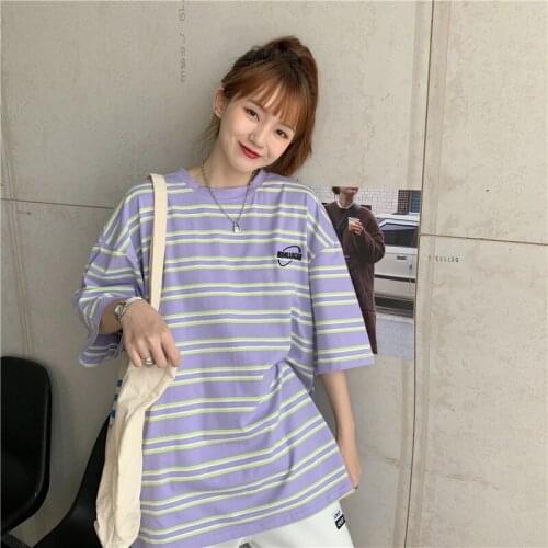 Loose Letter Stripe Casual Tshirt Female Korean Harajuku Womens T-shirts Tops Japanese Kawaii Ladies Ulzzang Clothes For Women