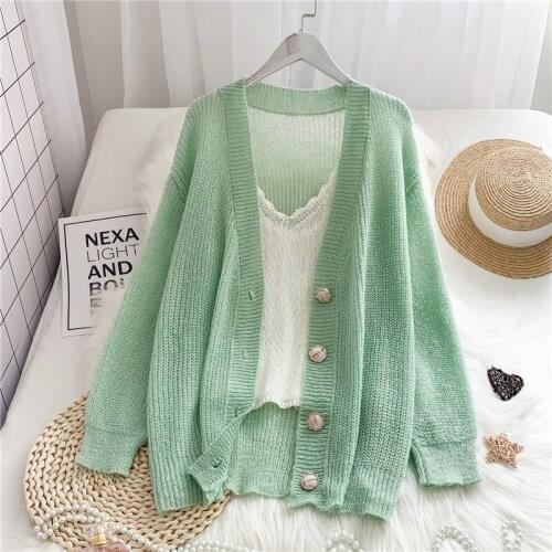 Thin Knitted Women Sweaters and Cardigan 2021 Summer New Long-sleeved Loose Casual Outwear Coat Tops