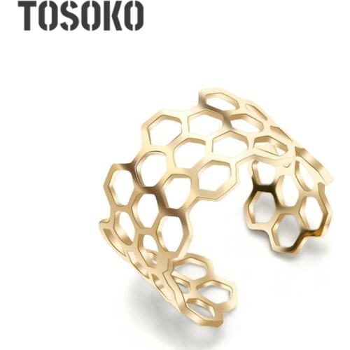 TOSOKO Stainless Steel Jewelry Honeycomb Hollow Wide Open Ring Female Personality Ring BSA008