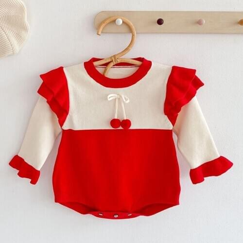 Newborn Infant Baby Girls Cherry Knit Rompers Spring Autumn Kids Girl Long Sleeve Rompers Clothes