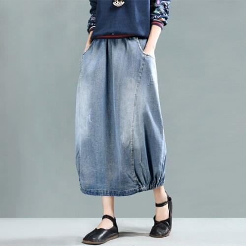 Spring Skirt Women Large size Loose Retro Denim Skirt Elastic Waist pocket Bleached Mori girl Casual Ladies New Denim Skirt 2019