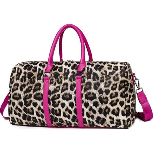New Fashion Leopard Print Women Duffle Bag Cheetah Animal pattern Travel Handbag for Lady Girl shoulder bag With Hot pink Handle