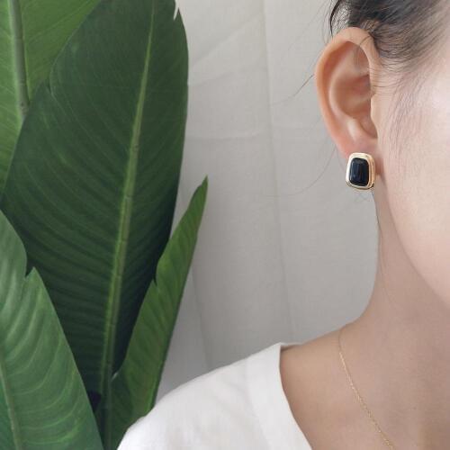 1pair 100% Authentic 925 Sterling silver Black Agate / cirtrine Topaz Geometric Stud Earrings Womens Fine jEWELRY TLE701