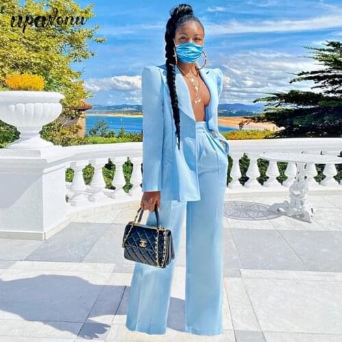Free Shipping 2021 New Women Blue Suit Sets OL Office Elegant Lapel Long Sleeve Single Breasted Blazer & Trousers Two-Piece Sets