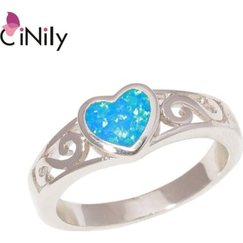 CiNily Created Blue Fire Opal Silver Plated Wholesale Heart for Women Jewelry Wedding Engagement Gift Ring Size 6-9 OJ9490