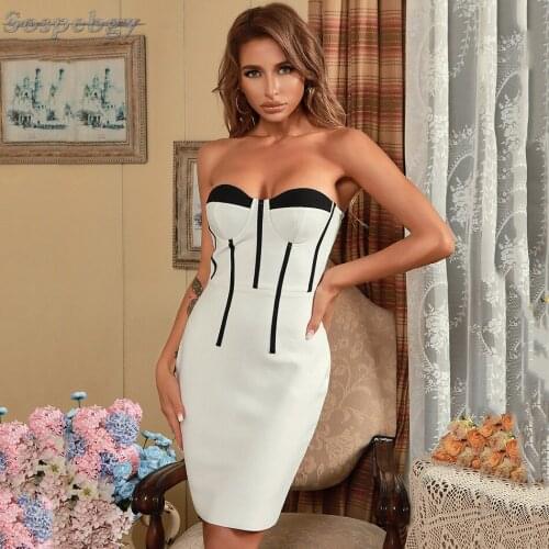 Summer Women Strapless Backless Black Color Matching White Sexy Dress Bodycon Bandage Rayon Nightclub Party Dress Vestidos