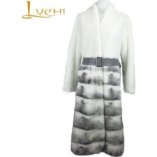 LVCHI Winter 2019 Import Swan Velvet Real Cross Mink Fur Coat Solid Milk Womens Natural Fur V-Neck Long Sleeve Long Mink Coats