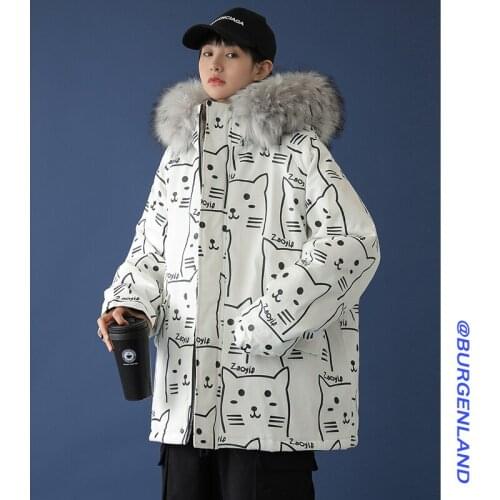 Winter Mens Thick Warm Parkas Coat Cartoon Pattern Print Hooded White Black Loose Outwear L0