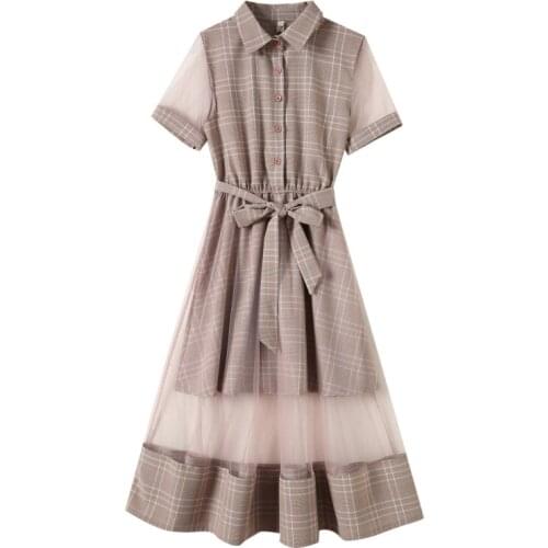 2020 New Fashion Korean apricot PINK Gray Plaid Young Style Woman Sweet Preppy Short Sleeve Student Summer Girl Midi Dress