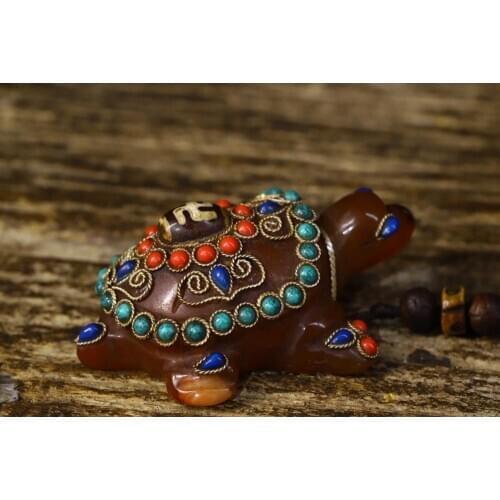 Home Decor 3" China Antiques Natural agate mosaic Gem Dzi Bead Old turtle statue Lucky Turtle Handle Pendant