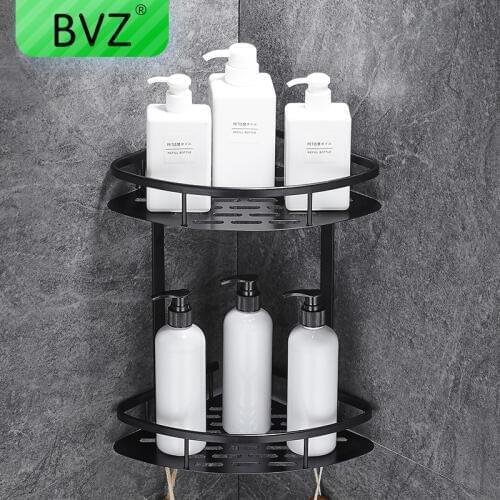 BVZ Wall Mounted Aluminum Black Bathroom Shelf Shower Basket Corner Shelves Kitchen Storage Shampoo Holder Bathroom Accessories
