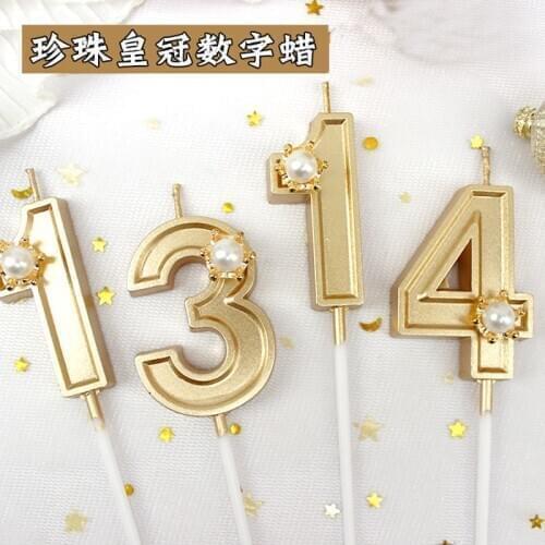 Digital candle 1234567890 Birthday cake decoration Crown of pearls, champagne and golden digital candles