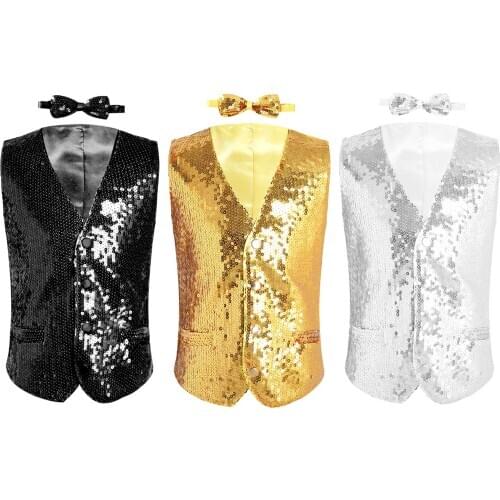 Childrens Boys Sequins Vests Gentleman Bowtie V Neck Slim Vests Wedding Party Dressy Costume Kids Sequined Stylish Waistcoat