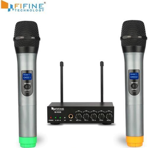 Fifine UHF Dual Channel Microphone System with two Wireless Handheld Microphone for Family KTV Bar Part Small Outdoor Stage K036