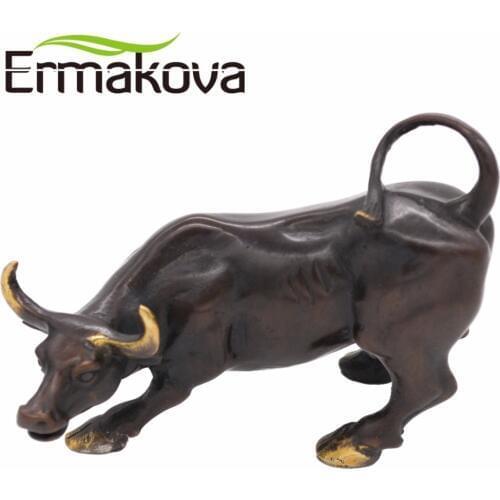 ERMAKOVA Brass Ox Wall Street Bull Figurine Charging Stock Market BullStatue Feng Shui Sculpture Home Office Decoration Gift