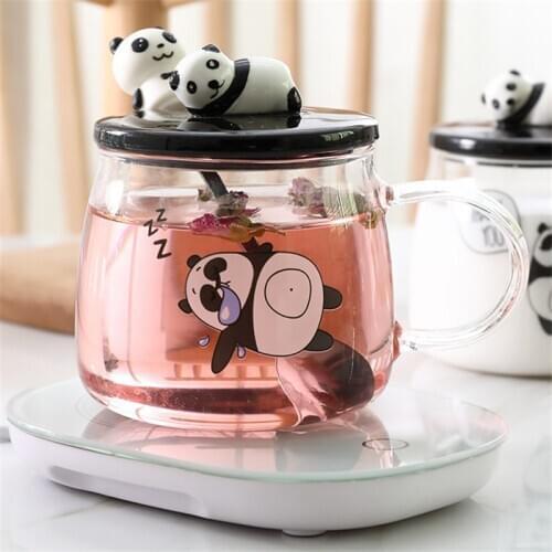 Creative Heat Resistant Coffee Mug with Lid High Borosilicate Glass Cartoon Panda Breakfast Milk Cup Office Teacup Drinkware