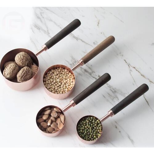 Rose Gold Measuring Cup Spoon 4 Pieces Set Thickened Copper Plated Baking Seasoning Wooden Handl
