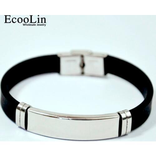 15pcs Fashion Wristband black Punk Rubber Silicone Stainless Steel Cool Men Bracelets Bangles pulseras hombre caucho LR4091