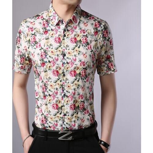 Male Shirt Short Sleeve Shirt Summer Floral Dress Shirt Men Casual Pure Cotton Clothes
