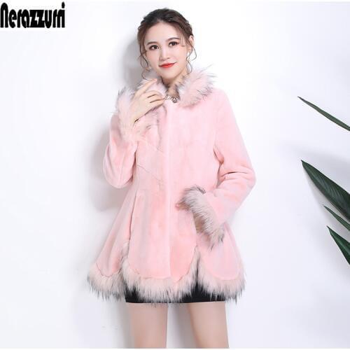 Nerazzurri Winter Warm Thick Stylish Pink Patchwork Faux Fur Coat Women with Fox Fur Trim Long Sleeve Fluffy Furry Jacket 2021