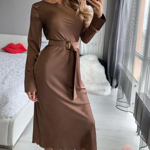 Solid Green Stain Womens Slim Dress Long Sleeve Tight Waist Sashes Mid-Calf Office Lady Dresses Elegant Streetwear 2021 Spring