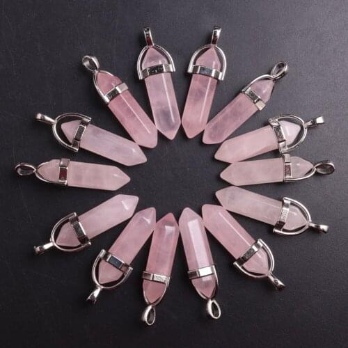 24/50/100pcs Natural Stone Roses Pink Quartz Crystal Pendant Assorted Hexagonal Column Pendants Necklace Charms Jewelry A Bulk