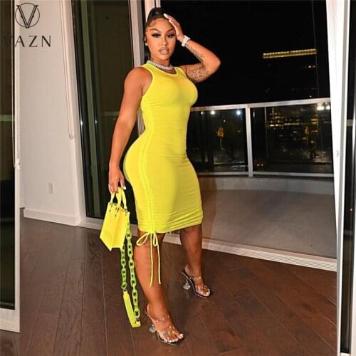 VAZN 2021 Hot Popular Solid Vintage Sleeveless Dress Casual Free Daily Young Cocktail Chiffon Slim Young Women Mini Dress