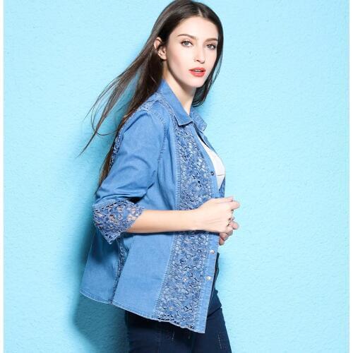 Autumn womens blouses lace hollow out shirt womens fashion denim shirt large size shirt for women NW17C1273