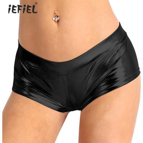 IEFiEL Womens Shiny Rave Shorts Exotic Boxer Sexy Panties Faux Leather Low Waist Skinny Shorts Pole Dance Short Costume Clubwear