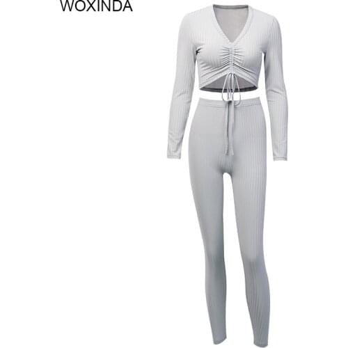 2021 Spring Women Suit 2 Piece Set Drawstring Casual Street Sexy V-Neck T-Shirt Trousers Stretch Type