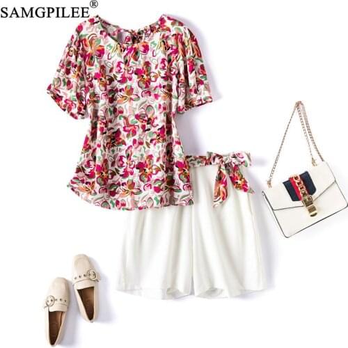 Summer Two Piece Sets For Women 2021 New Fashion Short Sleeve Casual Pullover O-neck Drawstring Mini Print Shorts Suits 4XL
