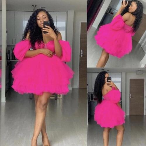 Rose Red Evening Dresses Short 2021 Women Off THe Shoulder Tulle Prom Gowns Simple Cheap High Quality Custom Vestidos de fiesta